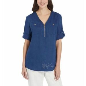 Company Ellen Tracy Indigo Linen Zip Front Roll Tab Sleeve Tunic Top XL